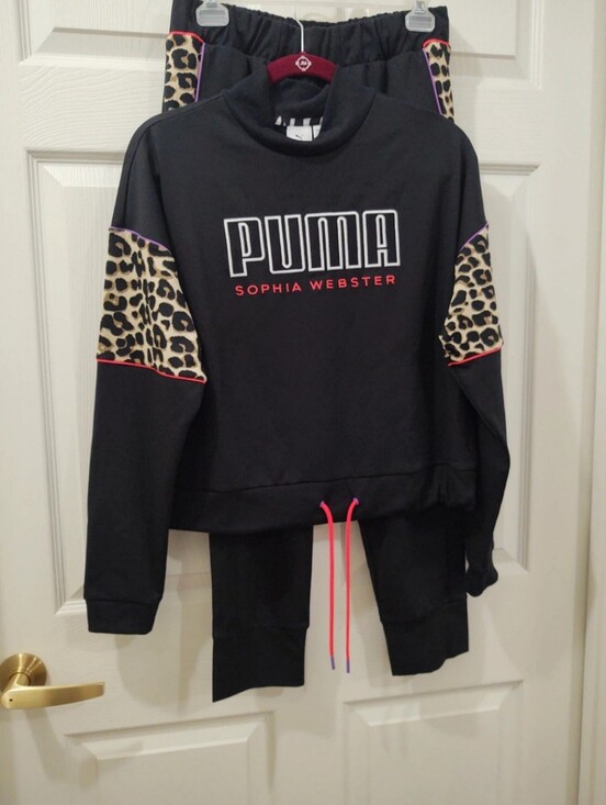 Sophia Webster Tops - Sophia Webster Black PUMA Sweatshirt/Pant with Leopard Accent and Pink Piping